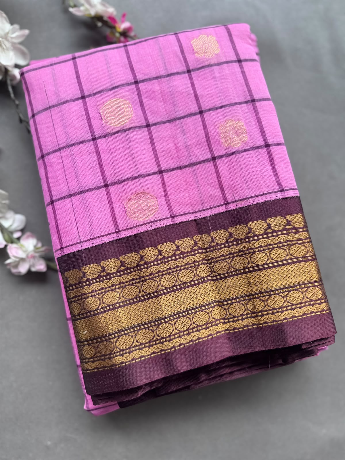 Pink Checks Pure Gadwal Cotton Saree 108