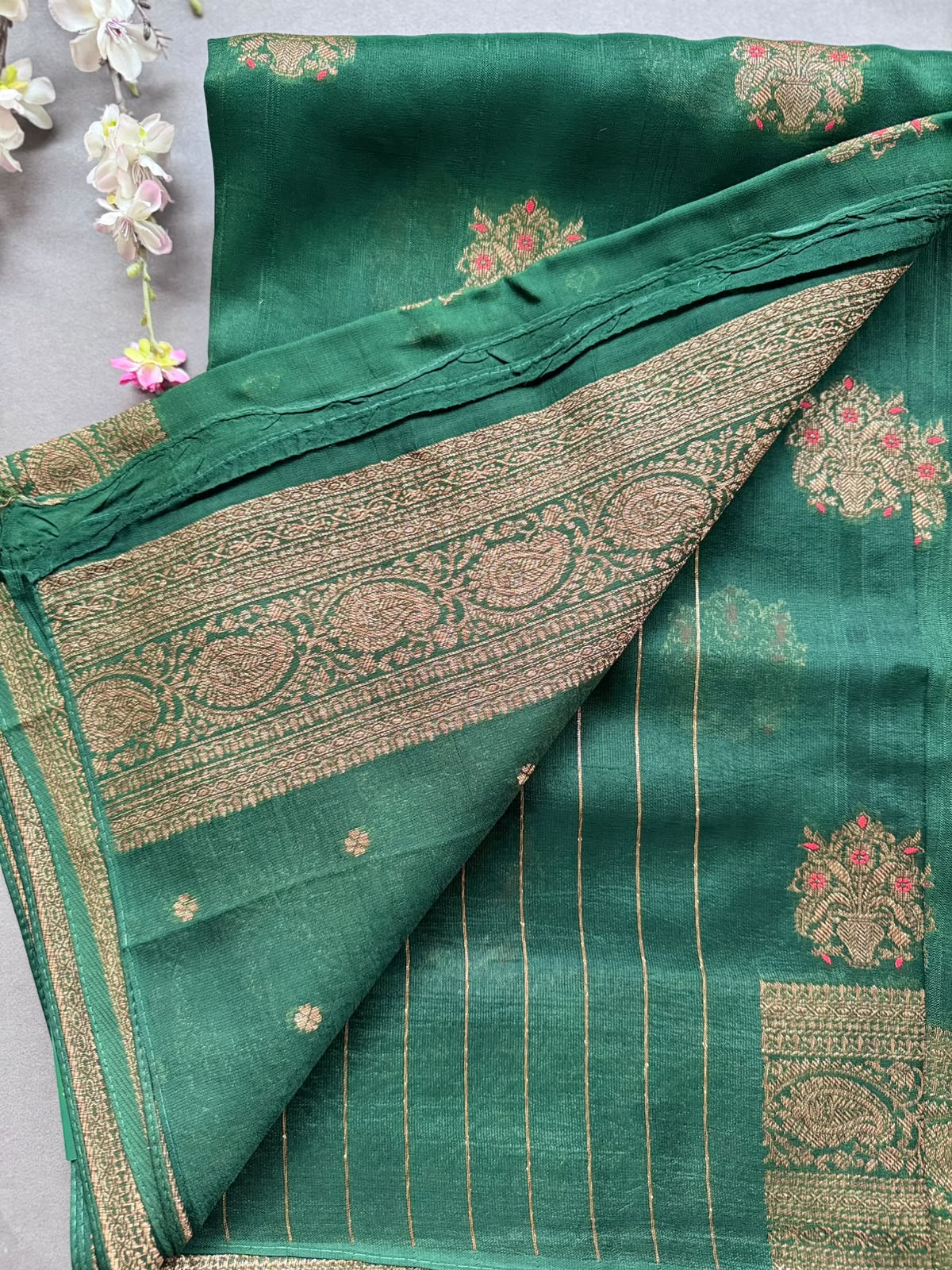 Bottle Green Tussar Georgette Saree 108