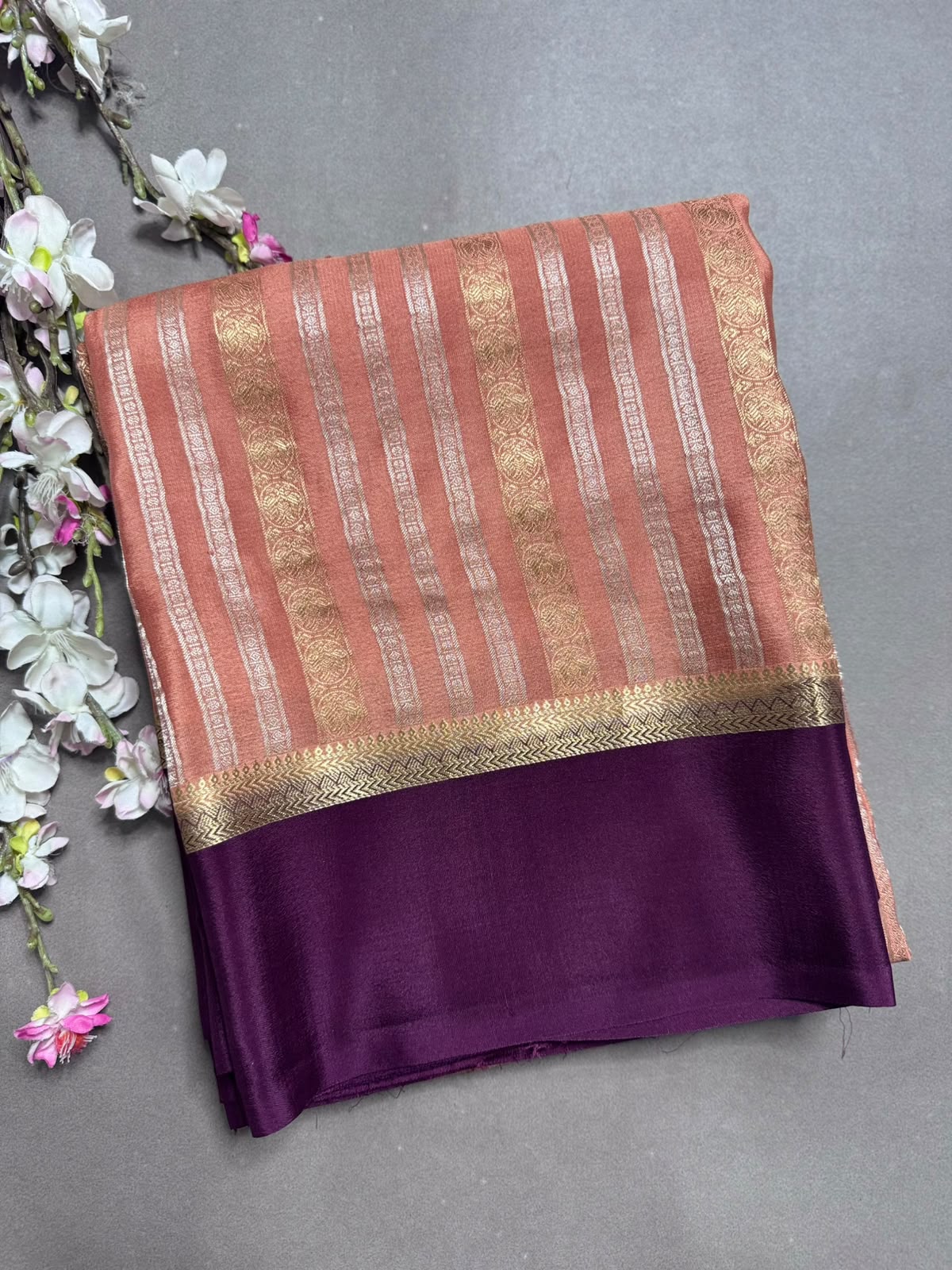 Peach Satin Border Pure Mysore Crepe Silk Saree 108