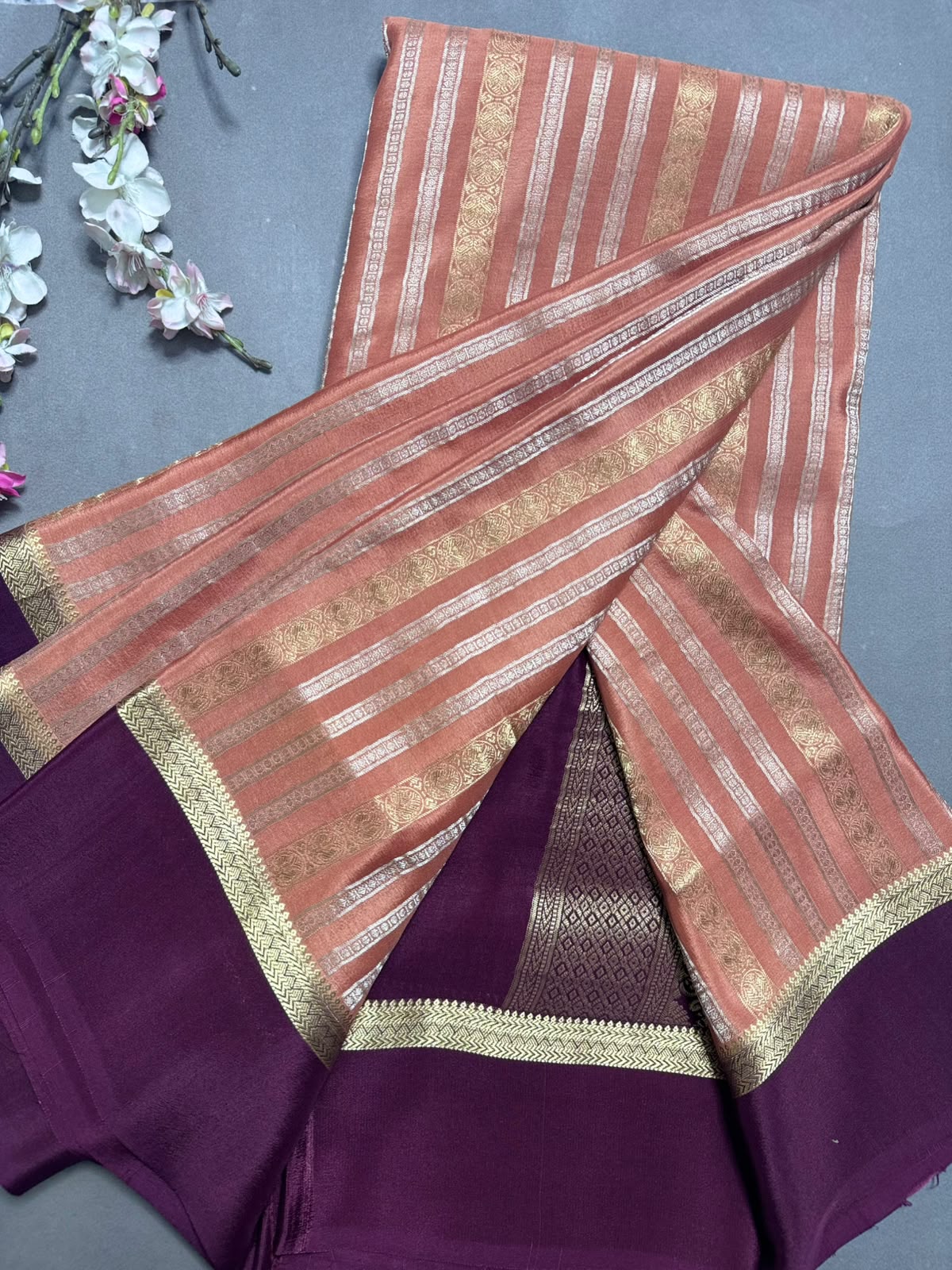 Peach Satin Border Pure Mysore Crepe Silk Saree 108