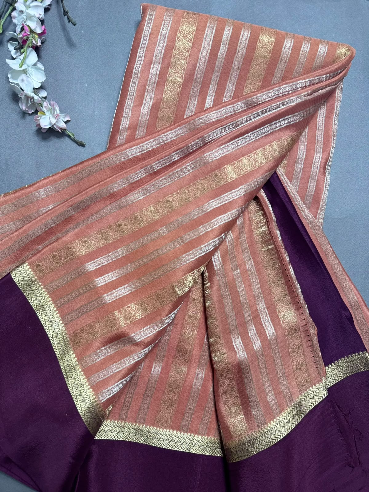 Peach Satin Border Pure Mysore Crepe Silk Saree 108