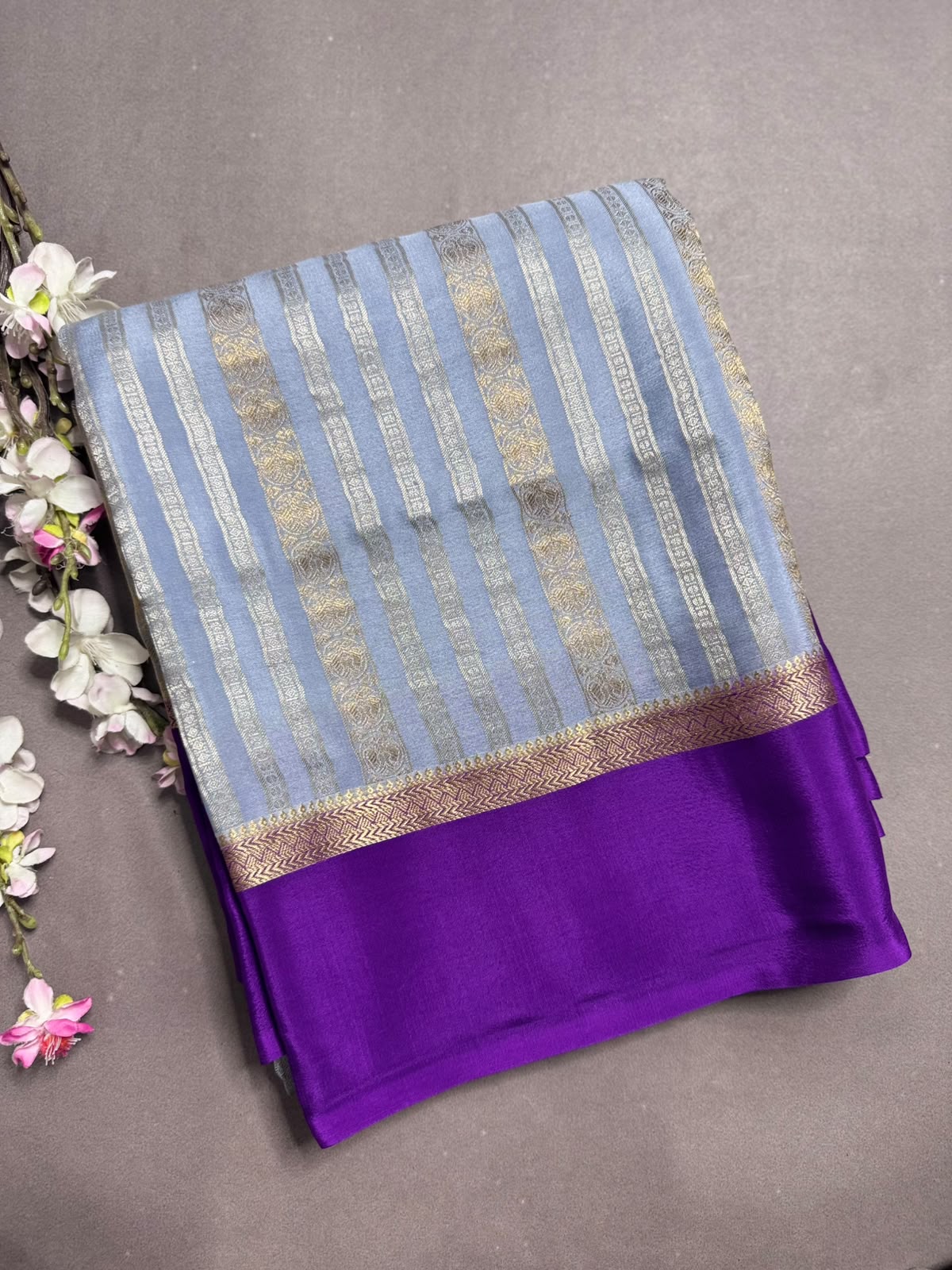 Sky Blue Satin Border Pure Mysore Crepe Silk Saree 108