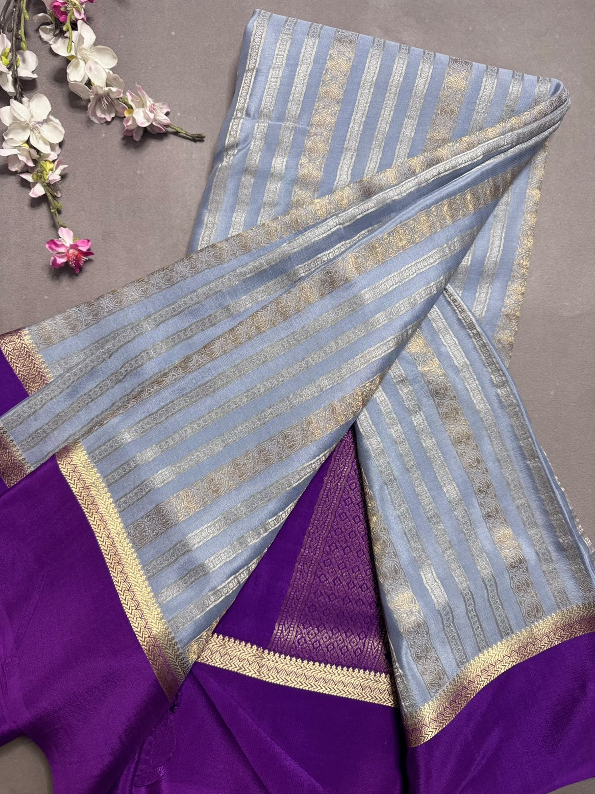 Sky Blue Satin Border Pure Mysore Crepe Silk Saree 108
