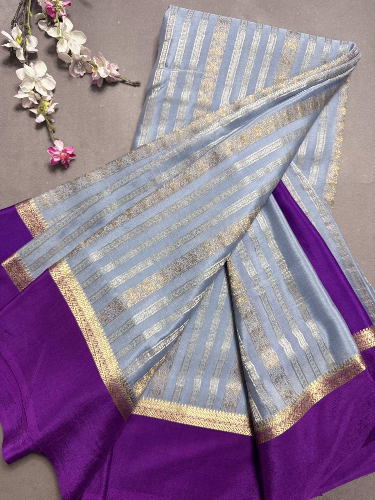 Sky Blue Satin Border Pure Mysore Crepe Silk Saree 108