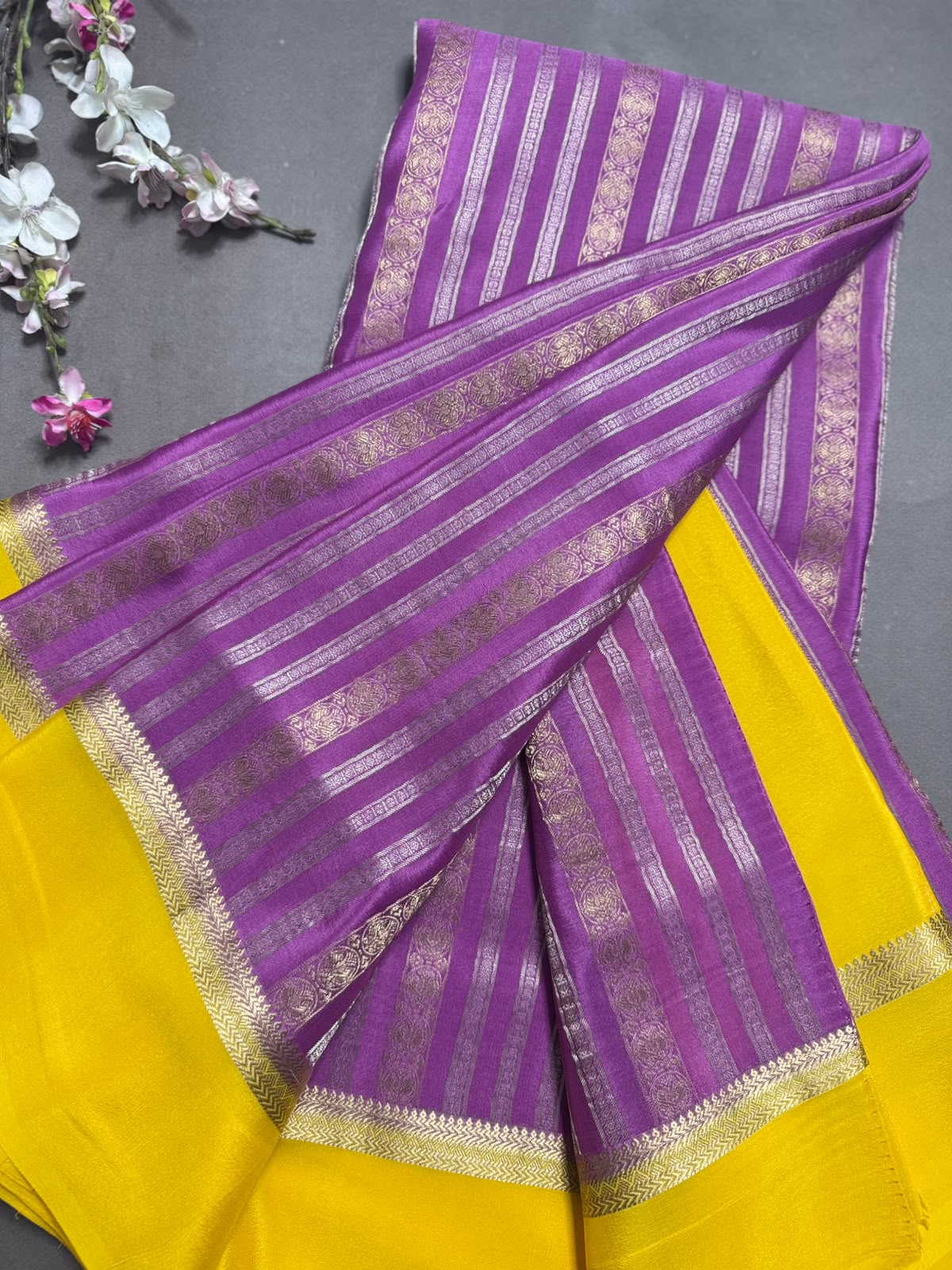 Lilac Satin Border Pure Mysore Crepe Silk Saree 108