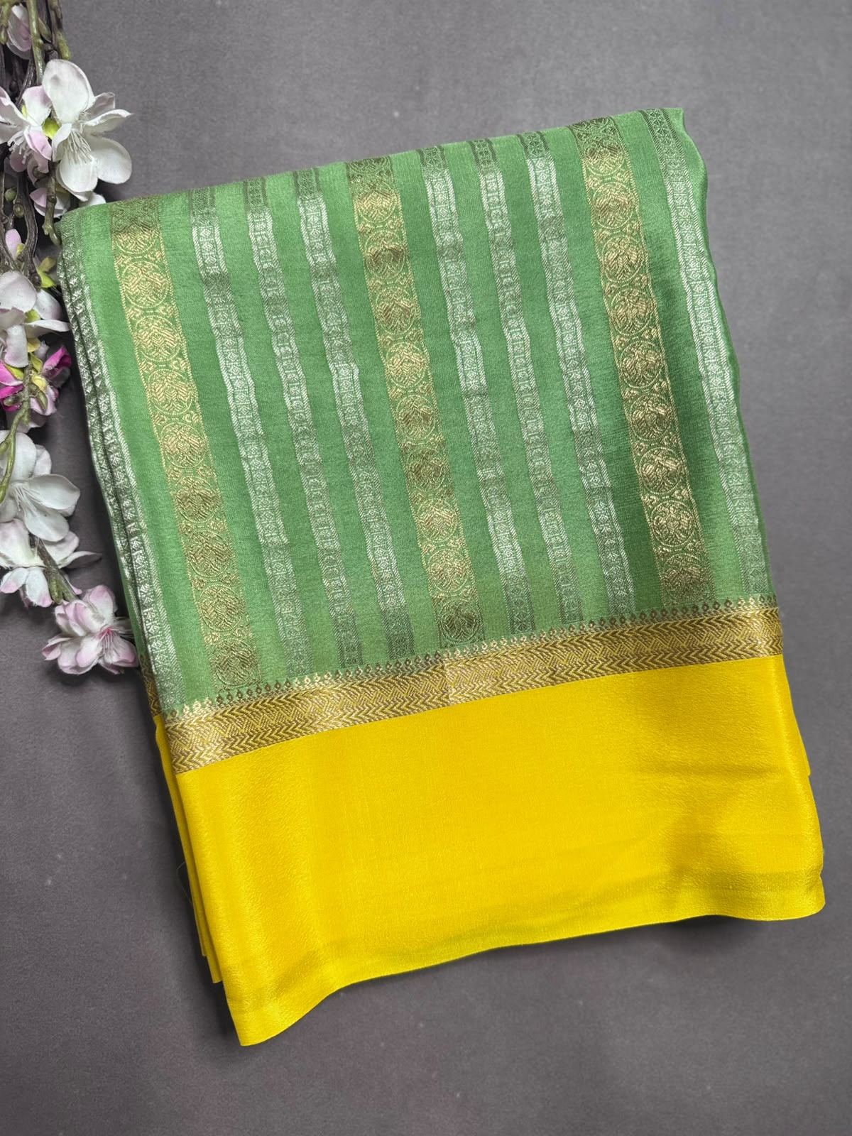 Green Satin Border Pure Mysore Crepe Silk Saree 108