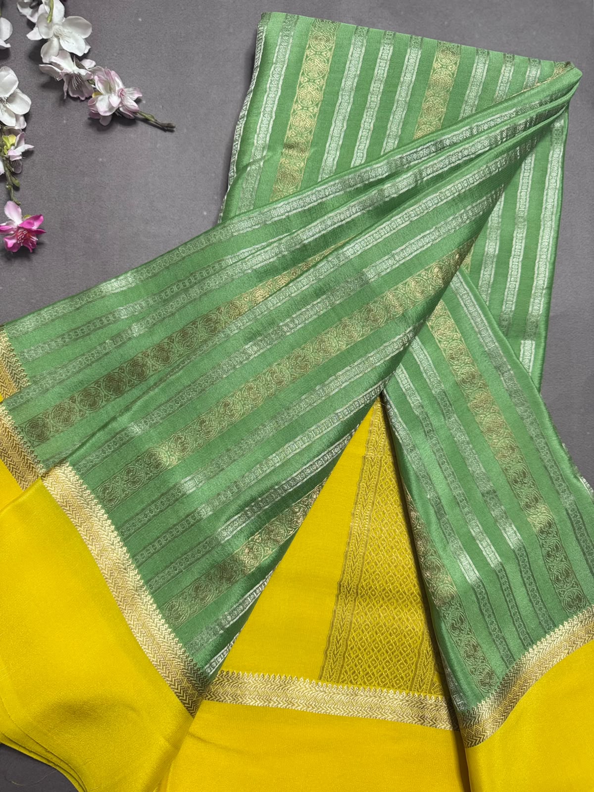 Green Satin Border Pure Mysore Crepe Silk Saree 108