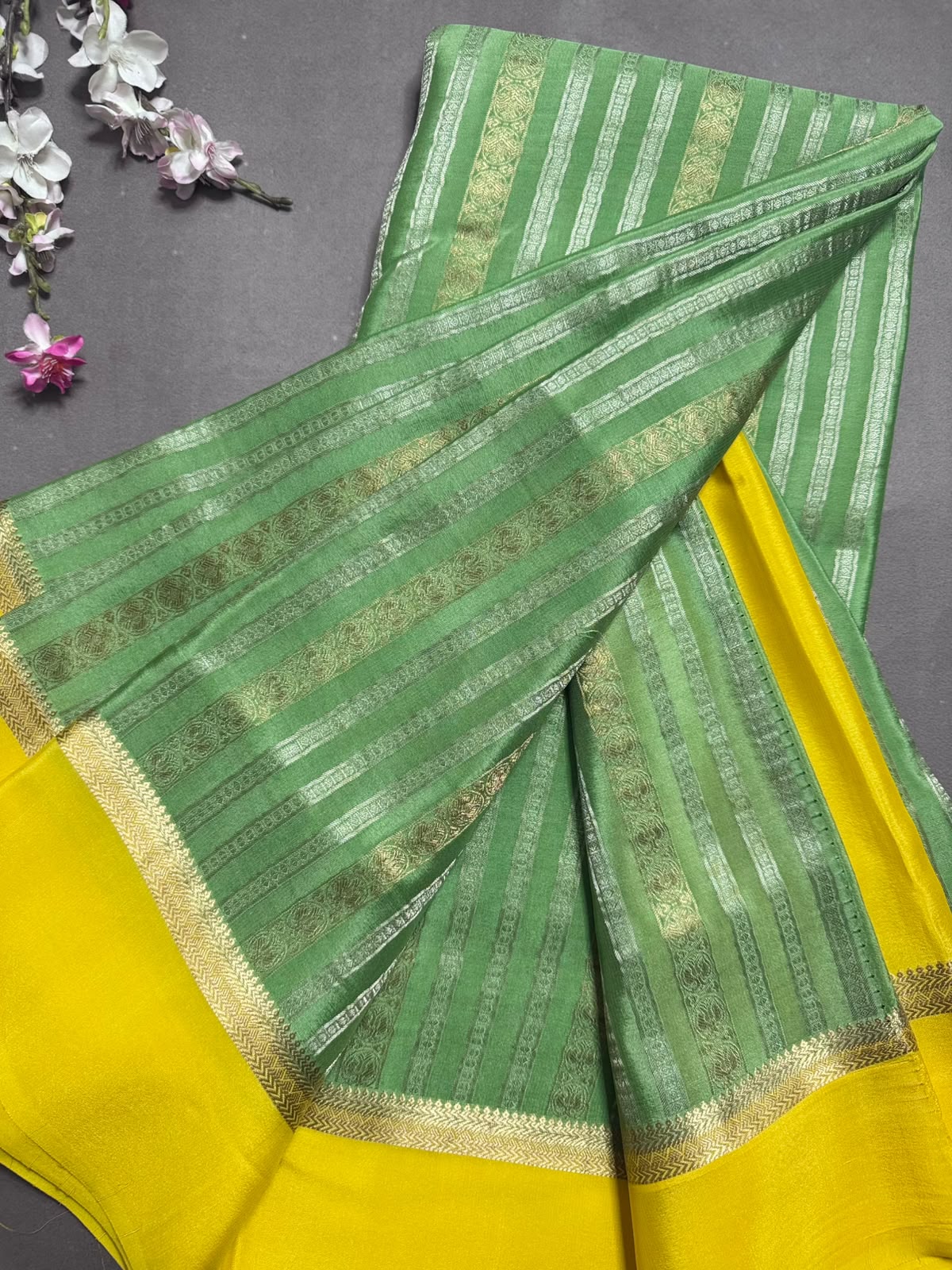 Green Satin Border Pure Mysore Crepe Silk Saree 108