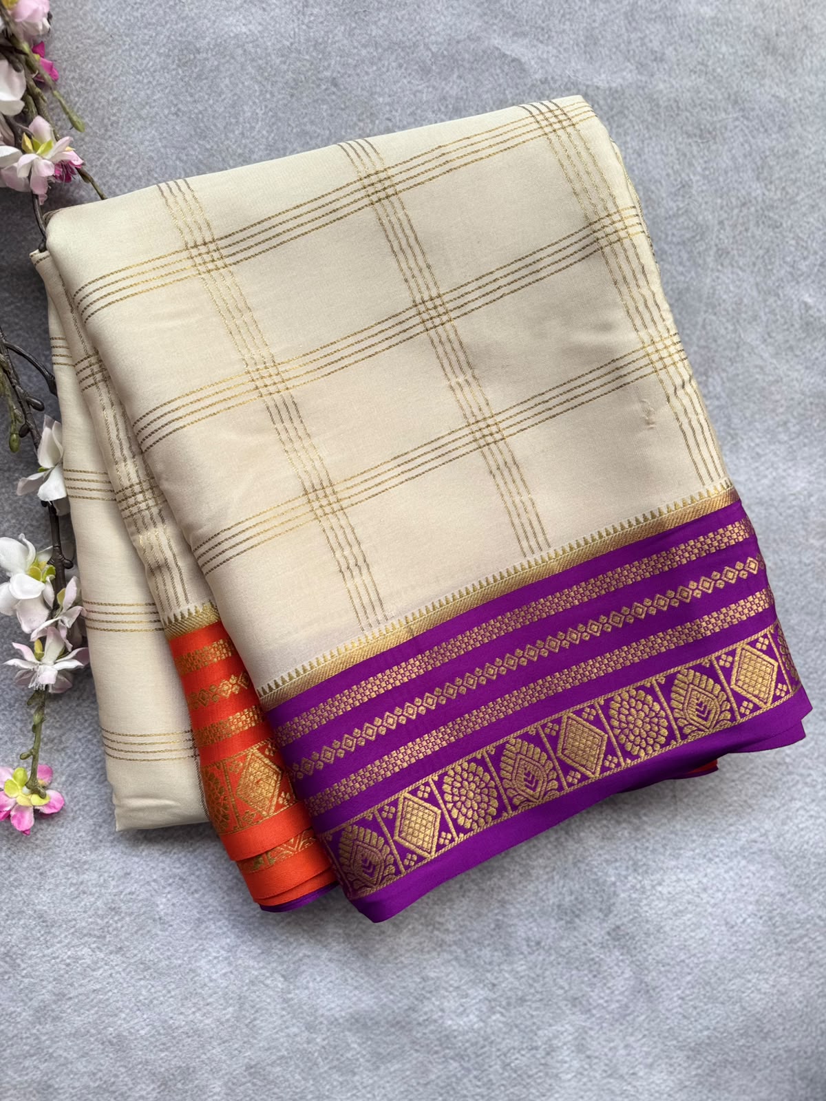 Cream Ganga Jamuna Border Pure Mysore Crepe Silk Saree 108