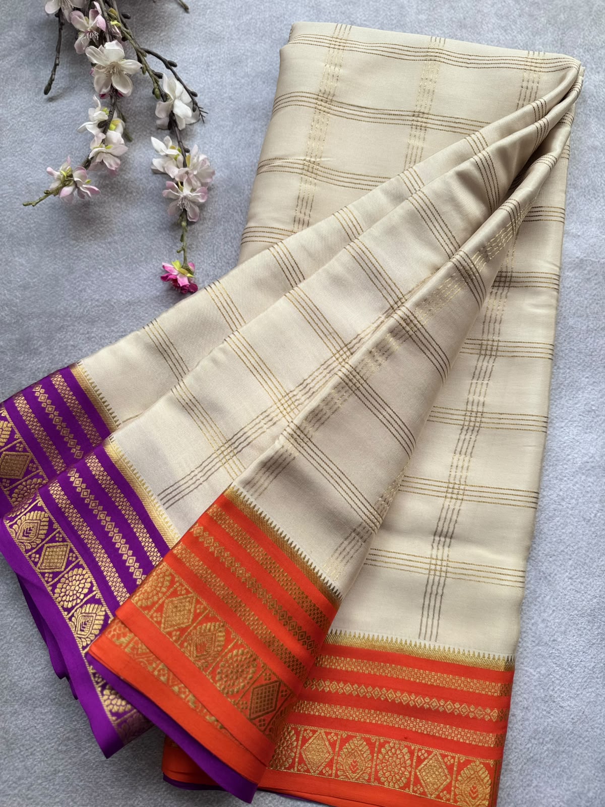Cream Ganga Jamuna Border Pure Mysore Crepe Silk Saree 108