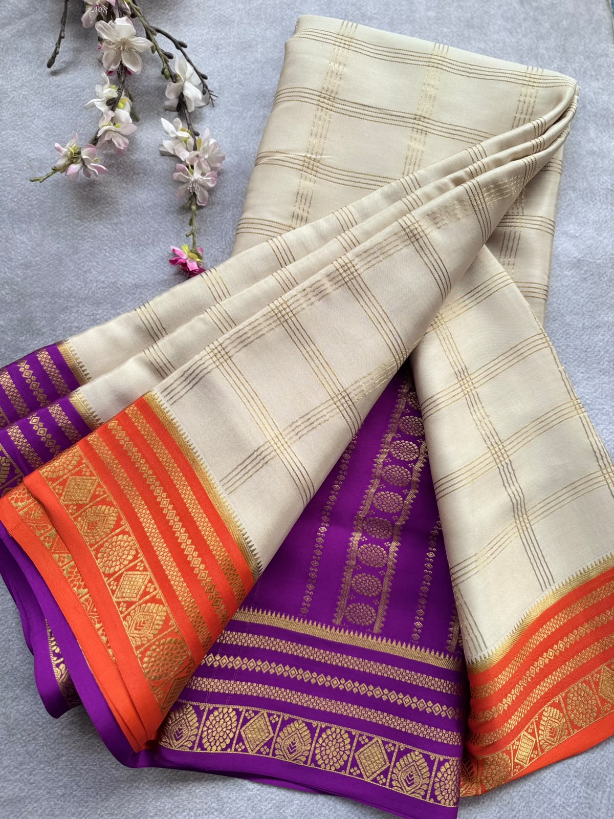 Cream Ganga Jamuna Border Pure Mysore Crepe Silk Saree 108