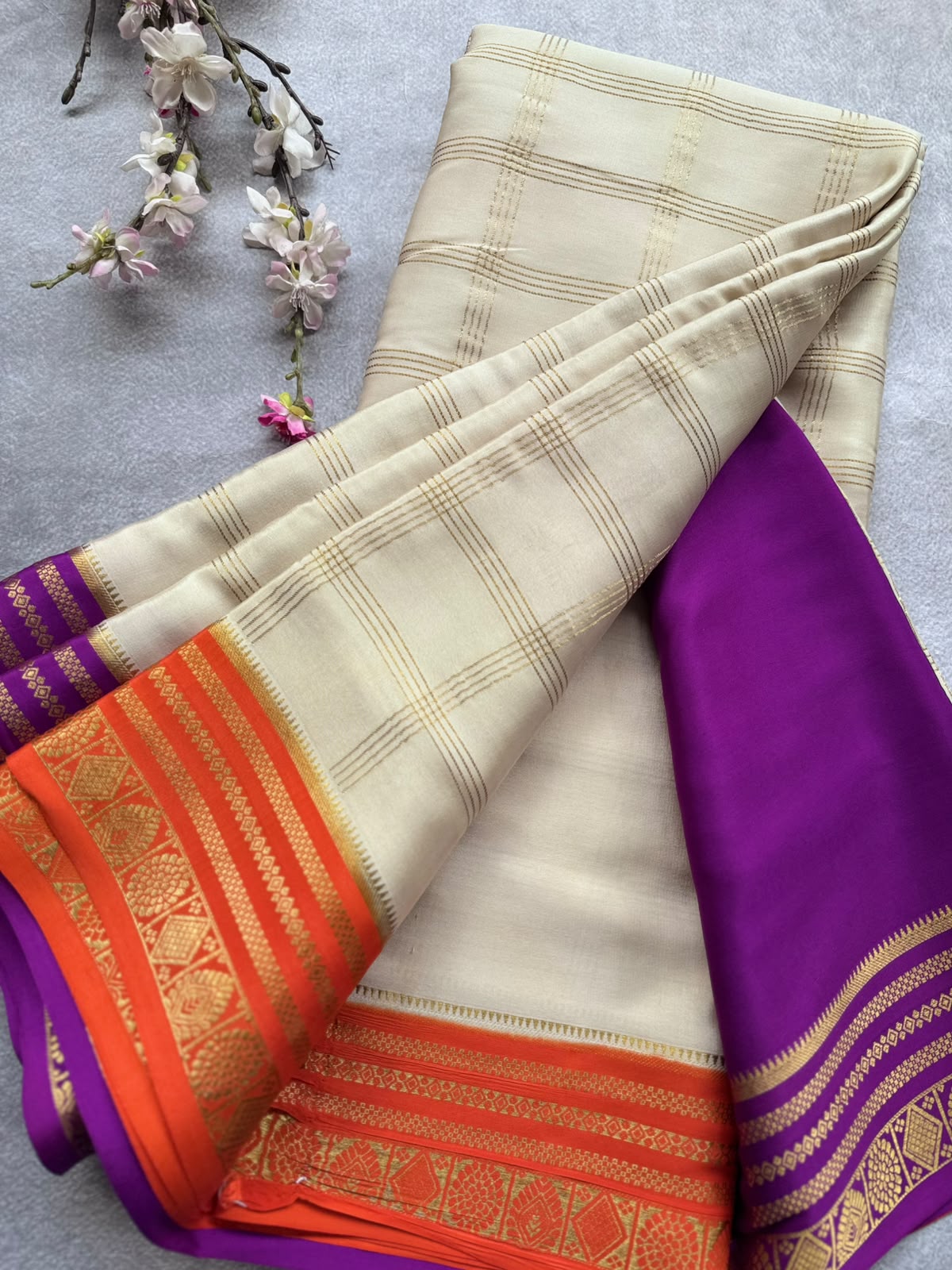 Cream Ganga Jamuna Border Pure Mysore Crepe Silk Saree 108