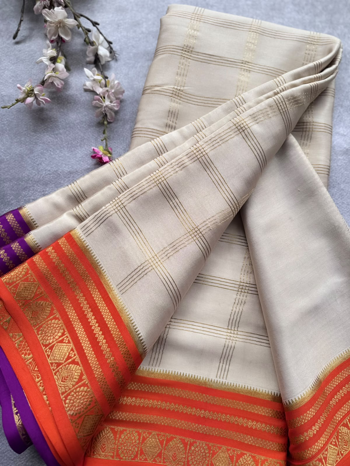 Cream Ganga Jamuna Border Pure Mysore Crepe Silk Saree 108