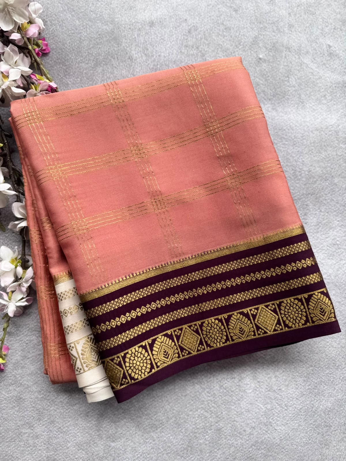 Peach Ganga Jamuna Border Pure Mysore Crepe Silk Saree 108