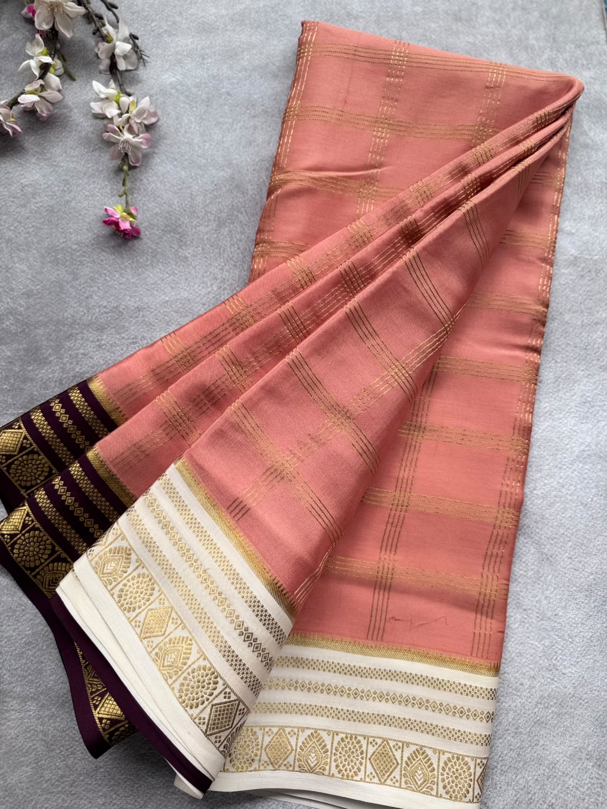 Peach Ganga Jamuna Border Pure Mysore Crepe Silk Saree 108