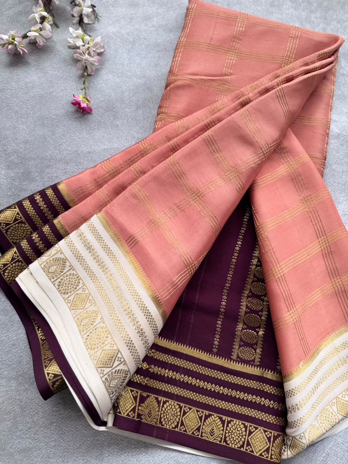 Peach Ganga Jamuna Border Pure Mysore Crepe Silk Saree 108