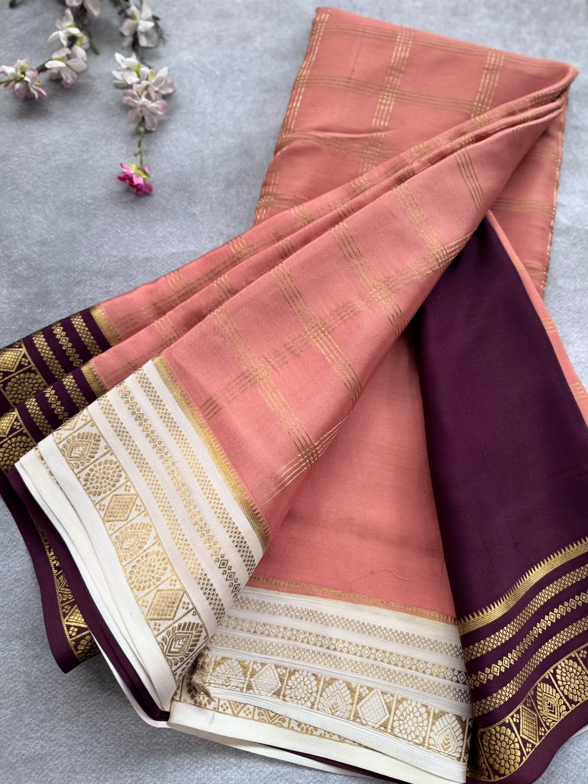 Peach Ganga Jamuna Border Pure Mysore Crepe Silk Saree 108