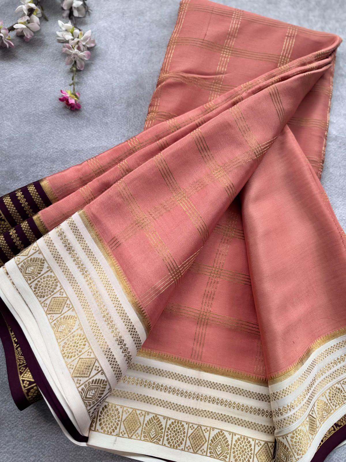 Peach Ganga Jamuna Border Pure Mysore Crepe Silk Saree 108
