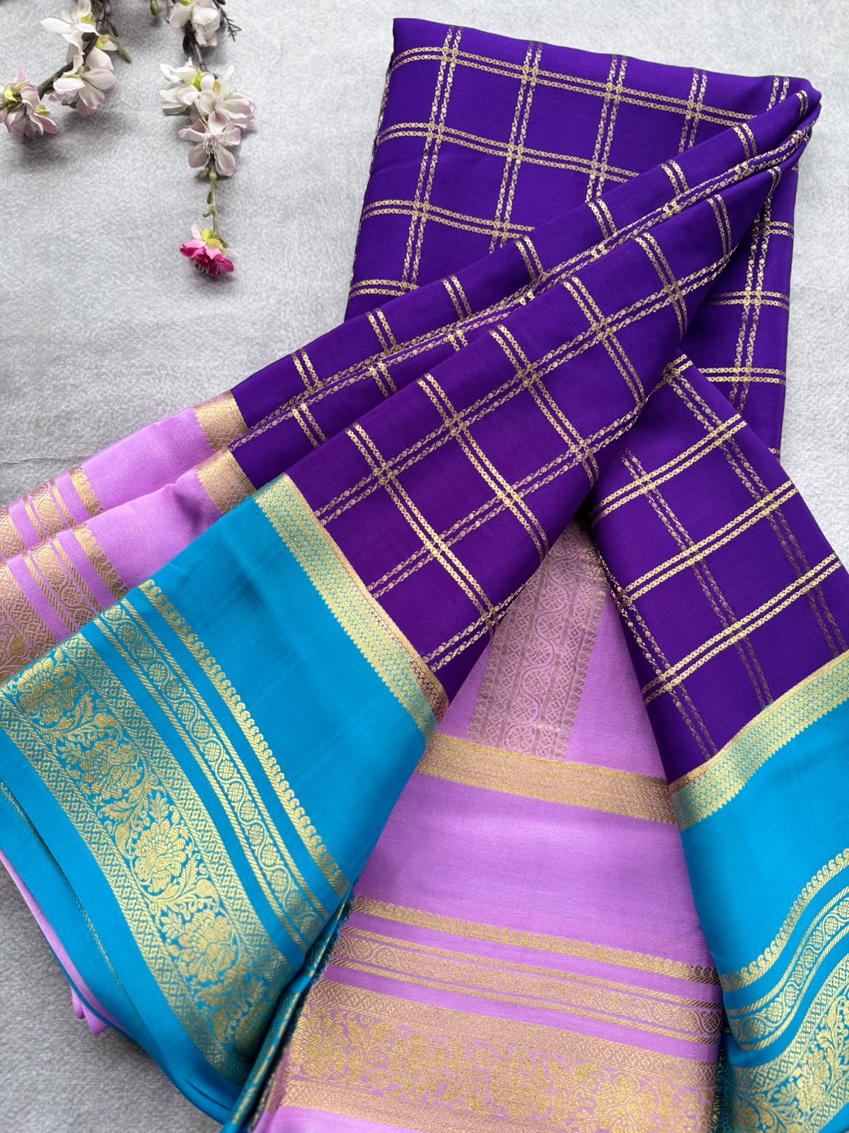 Purple Ganga Jamuna Border Pure Mysore Crepe Silk Saree 108
