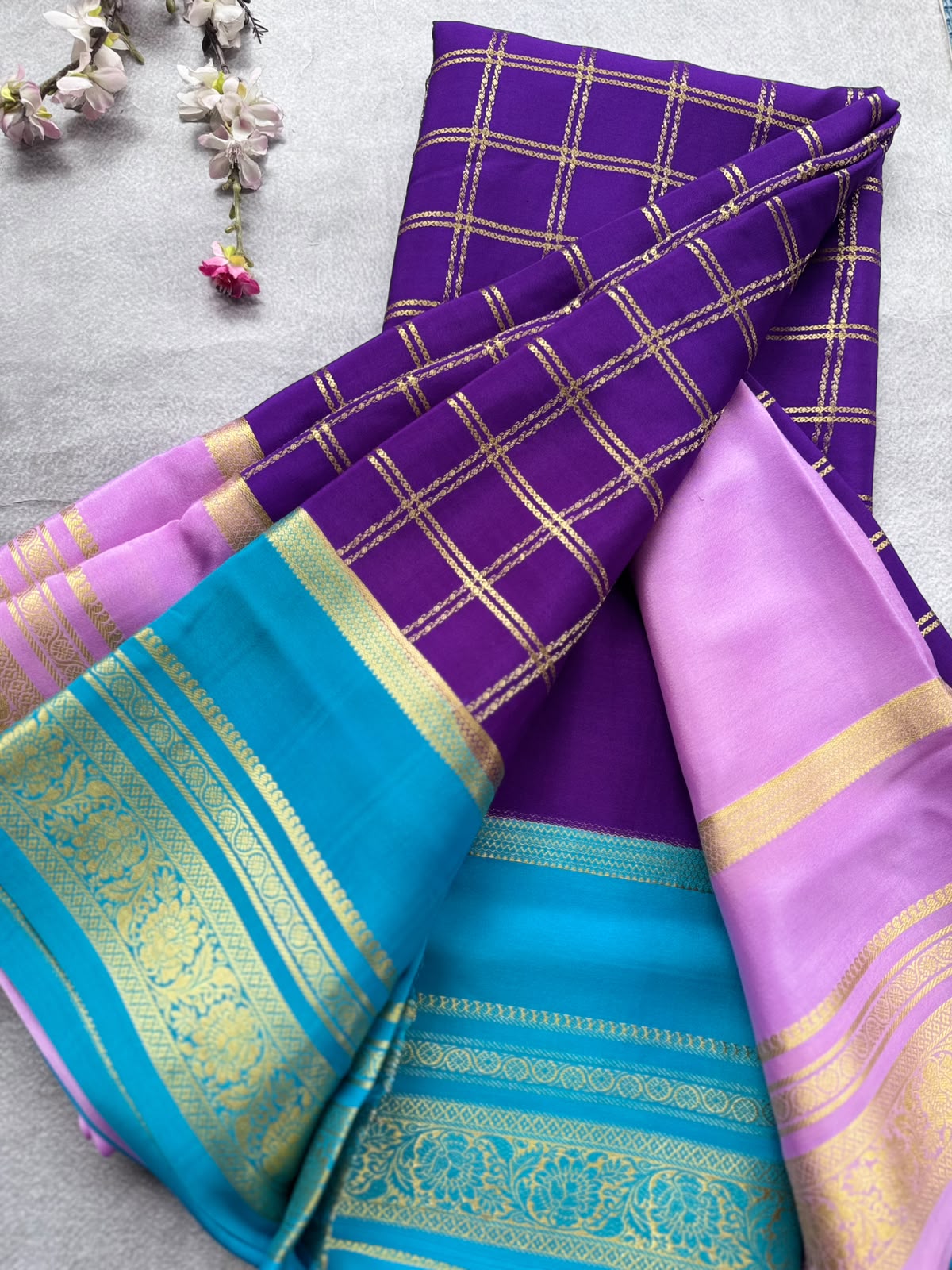 Purple Ganga Jamuna Border Pure Mysore Crepe Silk Saree 108