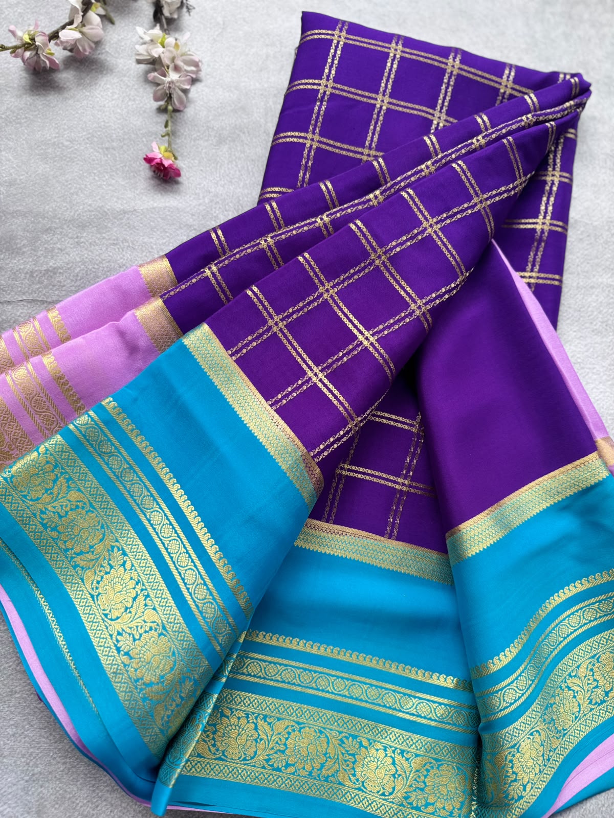 Purple Ganga Jamuna Border Pure Mysore Crepe Silk Saree 108