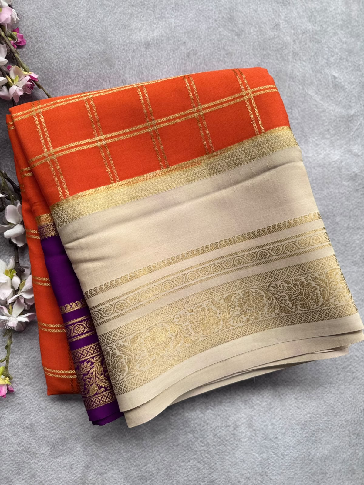 Orange Ganga Jamuna Border Pure Mysore Crepe Silk Saree 108