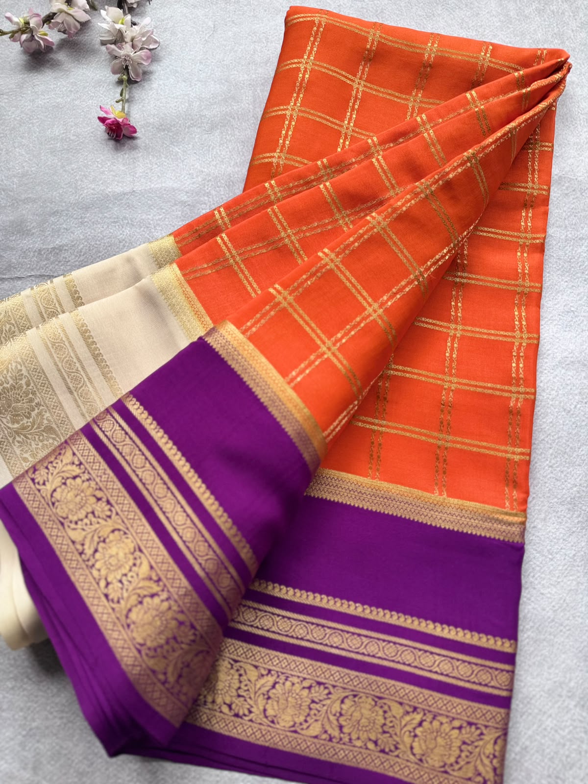 Orange Ganga Jamuna Border Pure Mysore Crepe Silk Saree 108