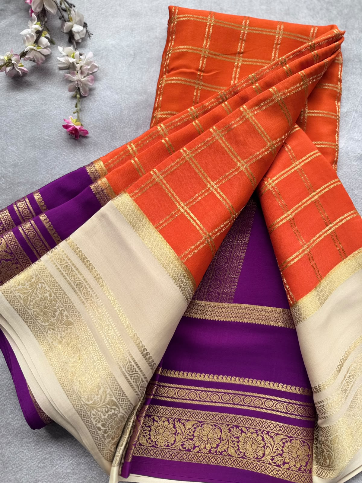 Orange Ganga Jamuna Border Pure Mysore Crepe Silk Saree 108
