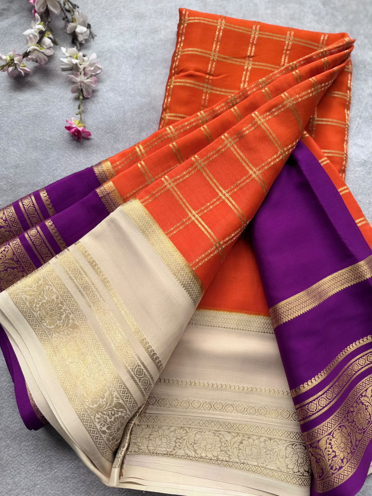 Orange Ganga Jamuna Border Pure Mysore Crepe Silk Saree 108