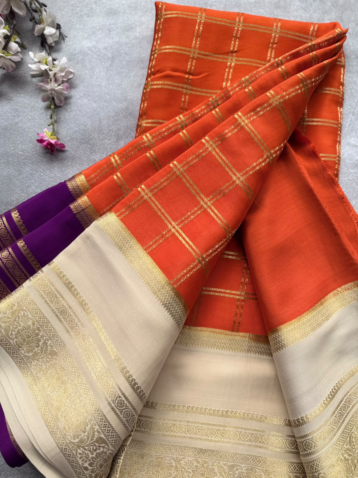 Orange Ganga Jamuna Border Pure Mysore Crepe Silk Saree 108