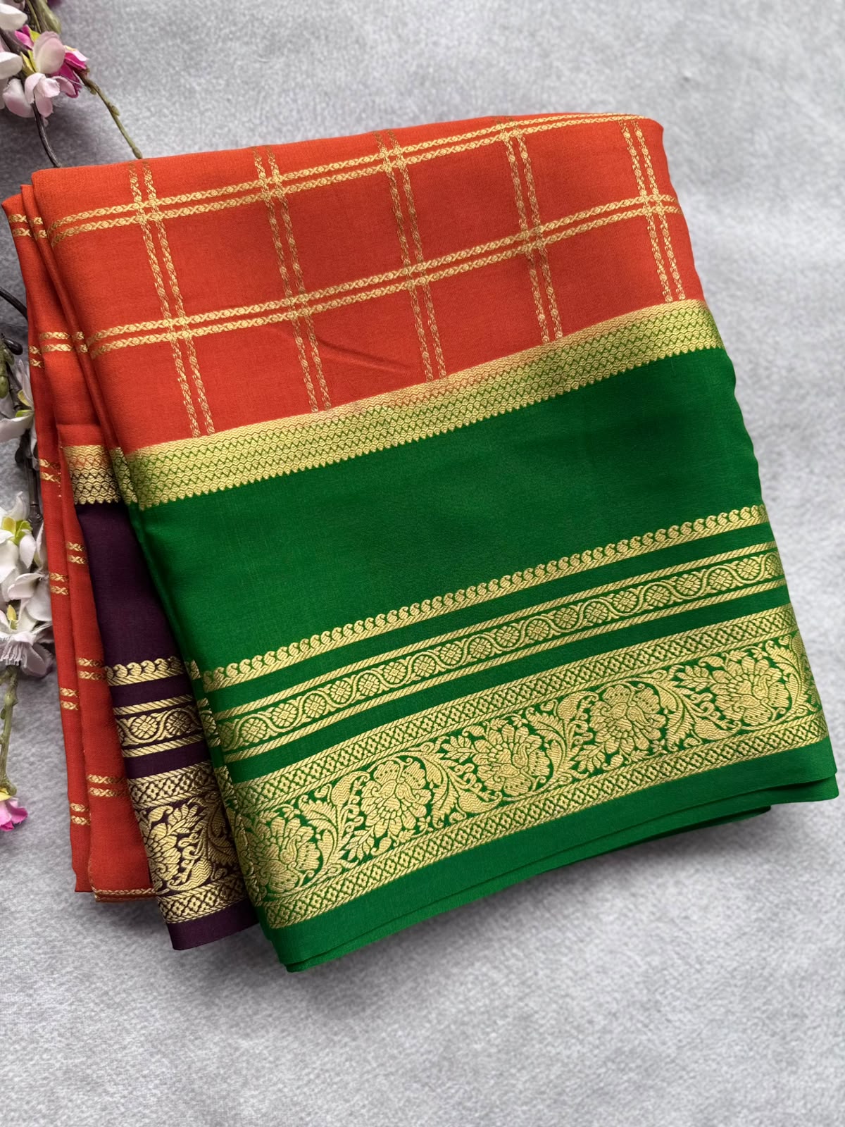 Orange Ganga Jamuna Border Pure Mysore Crepe Silk Saree 108