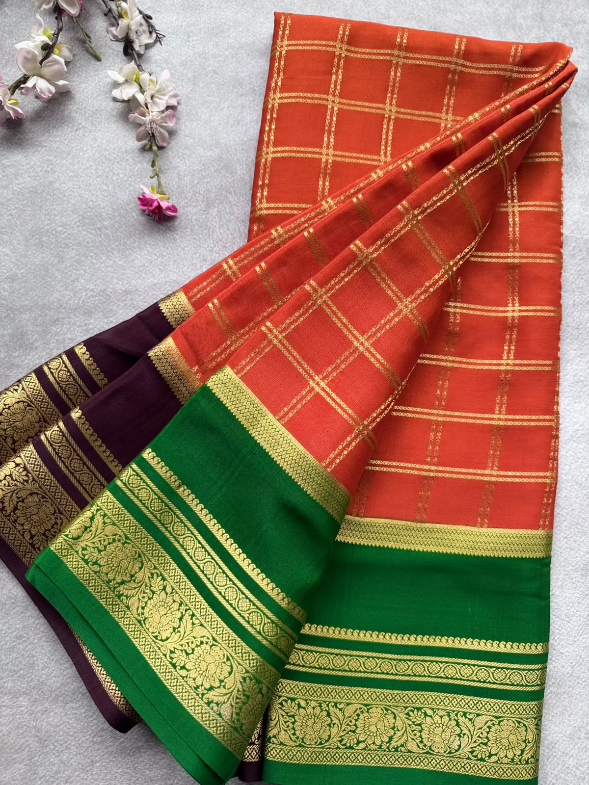 Orange Ganga Jamuna Border Pure Mysore Crepe Silk Saree 108