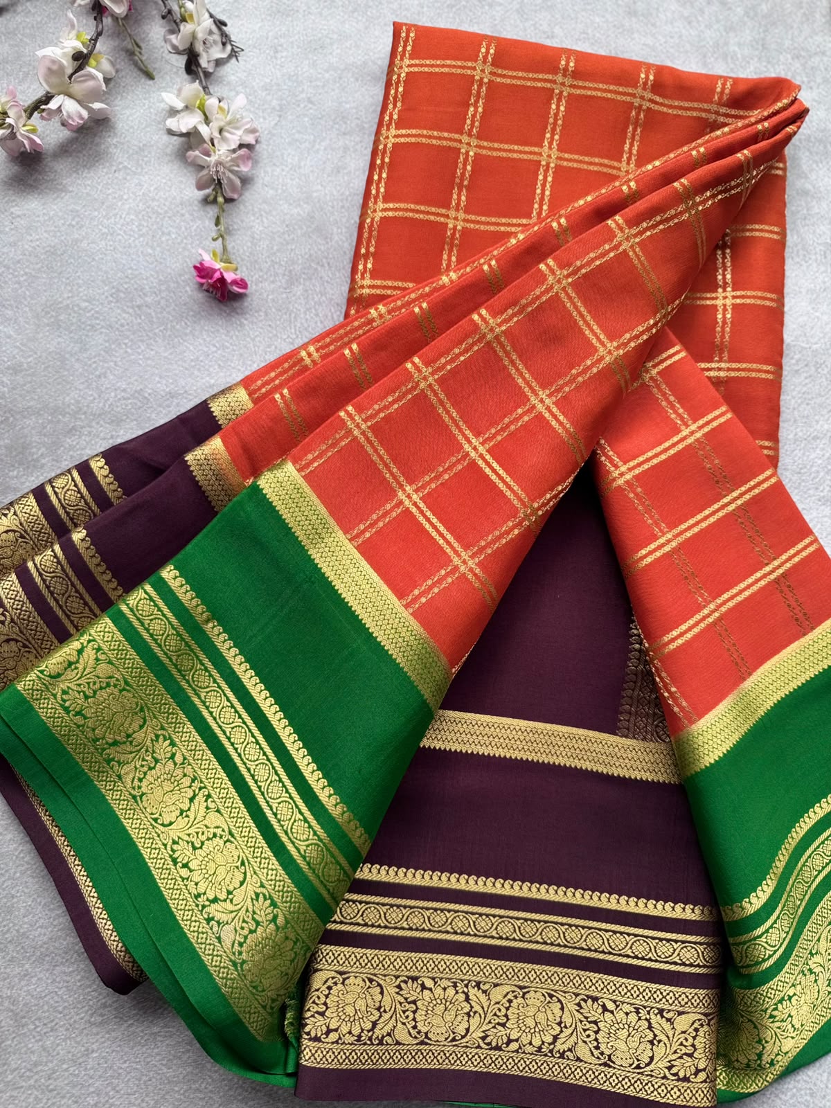 Orange Ganga Jamuna Border Pure Mysore Crepe Silk Saree 108