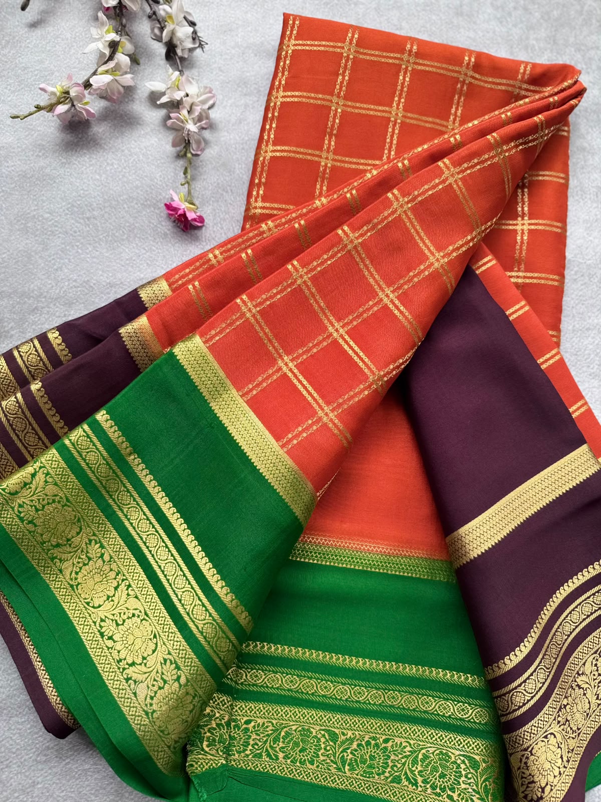 Orange Ganga Jamuna Border Pure Mysore Crepe Silk Saree 108