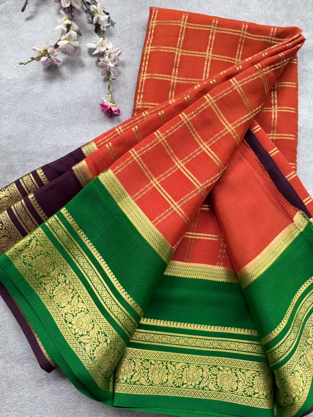 Orange Ganga Jamuna Border Pure Mysore Crepe Silk Saree 108