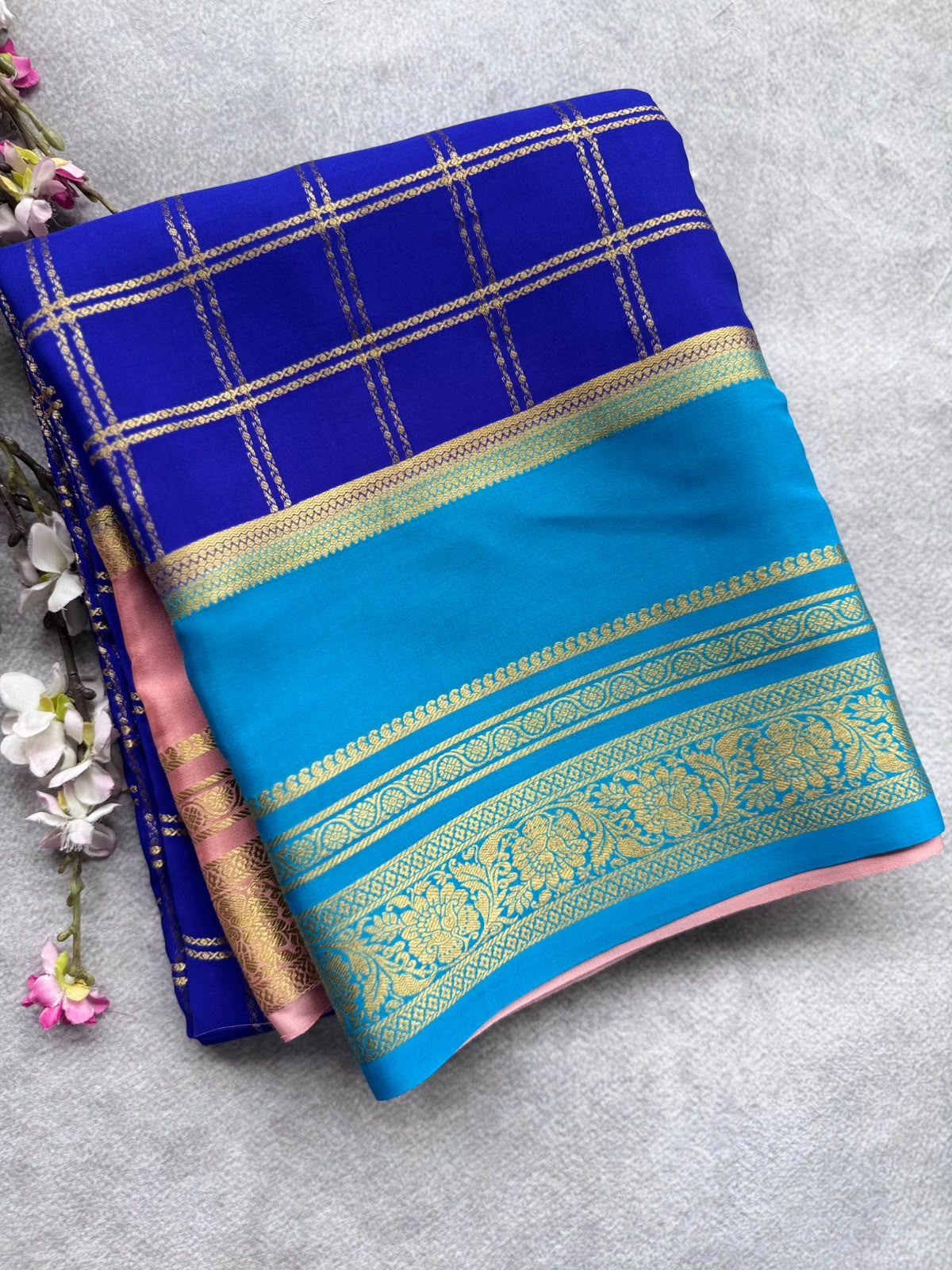 Royal Blue Ganga Jamuna Border Pure Mysore Crepe Silk Saree 108