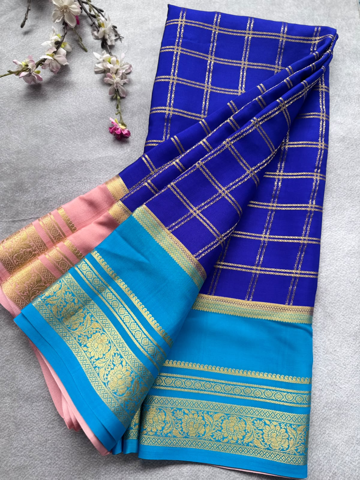 Royal Blue Ganga Jamuna Border Pure Mysore Crepe Silk Saree 108