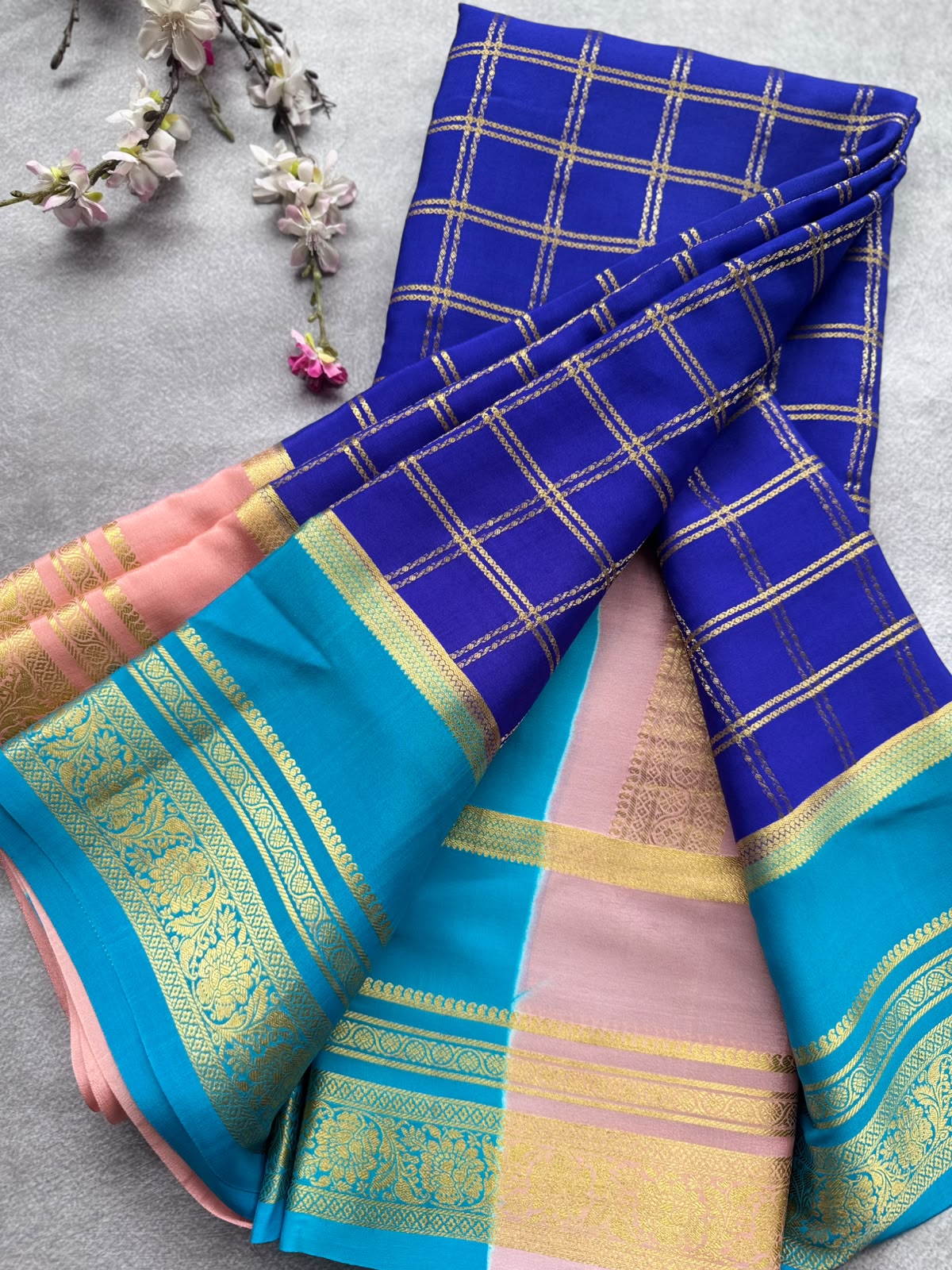 Royal Blue Ganga Jamuna Border Pure Mysore Crepe Silk Saree 108