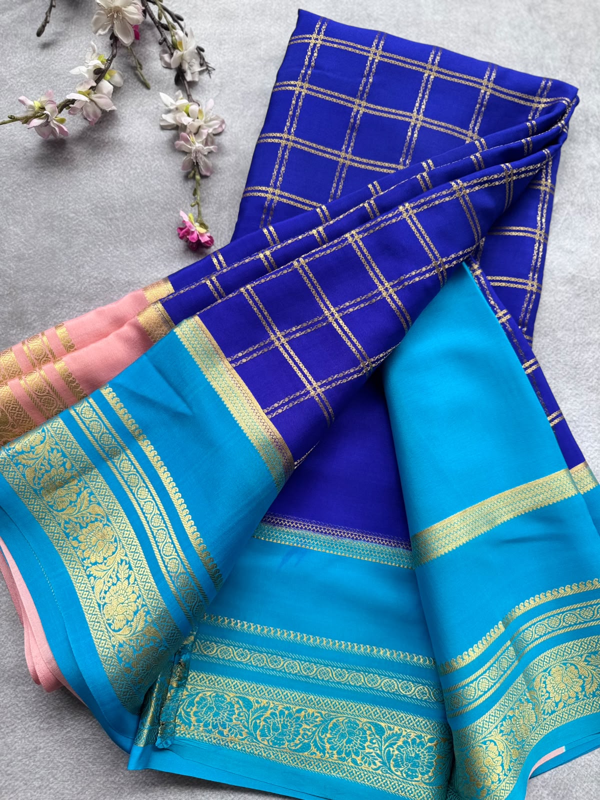 Royal Blue Ganga Jamuna Border Pure Mysore Crepe Silk Saree 108