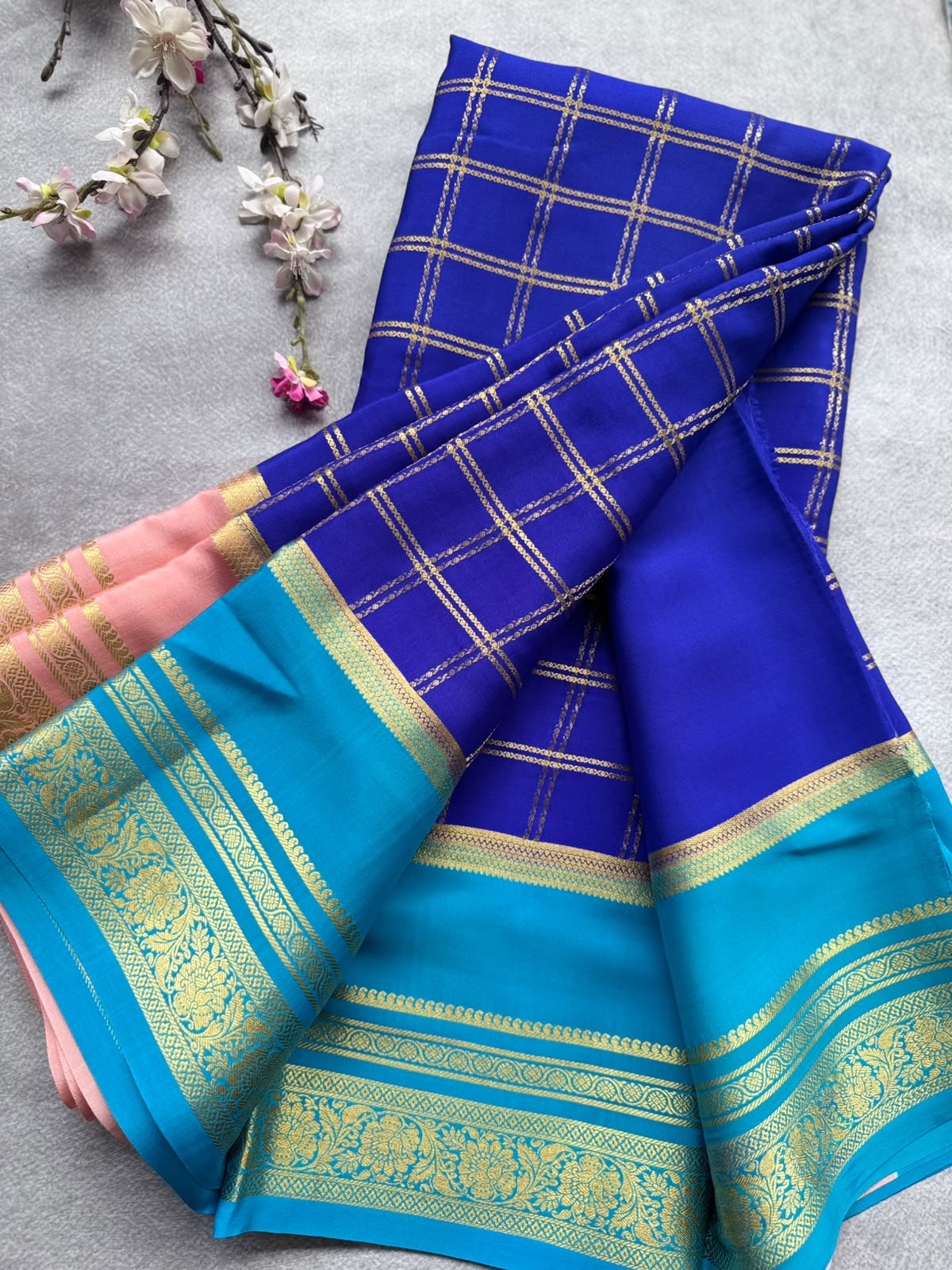 Royal Blue Ganga Jamuna Border Pure Mysore Crepe Silk Saree 108