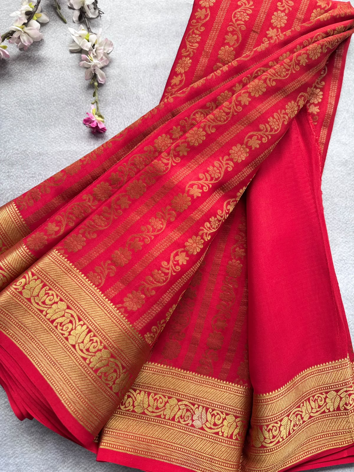 Red Brocade Pure Mysore Crepe Silk Saree 109