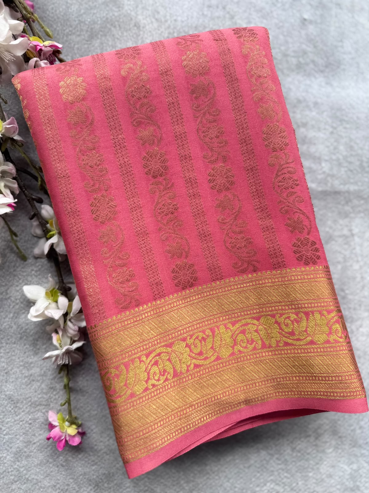Coral Pink Brocade Pure Mysore Crepe Silk Saree 109