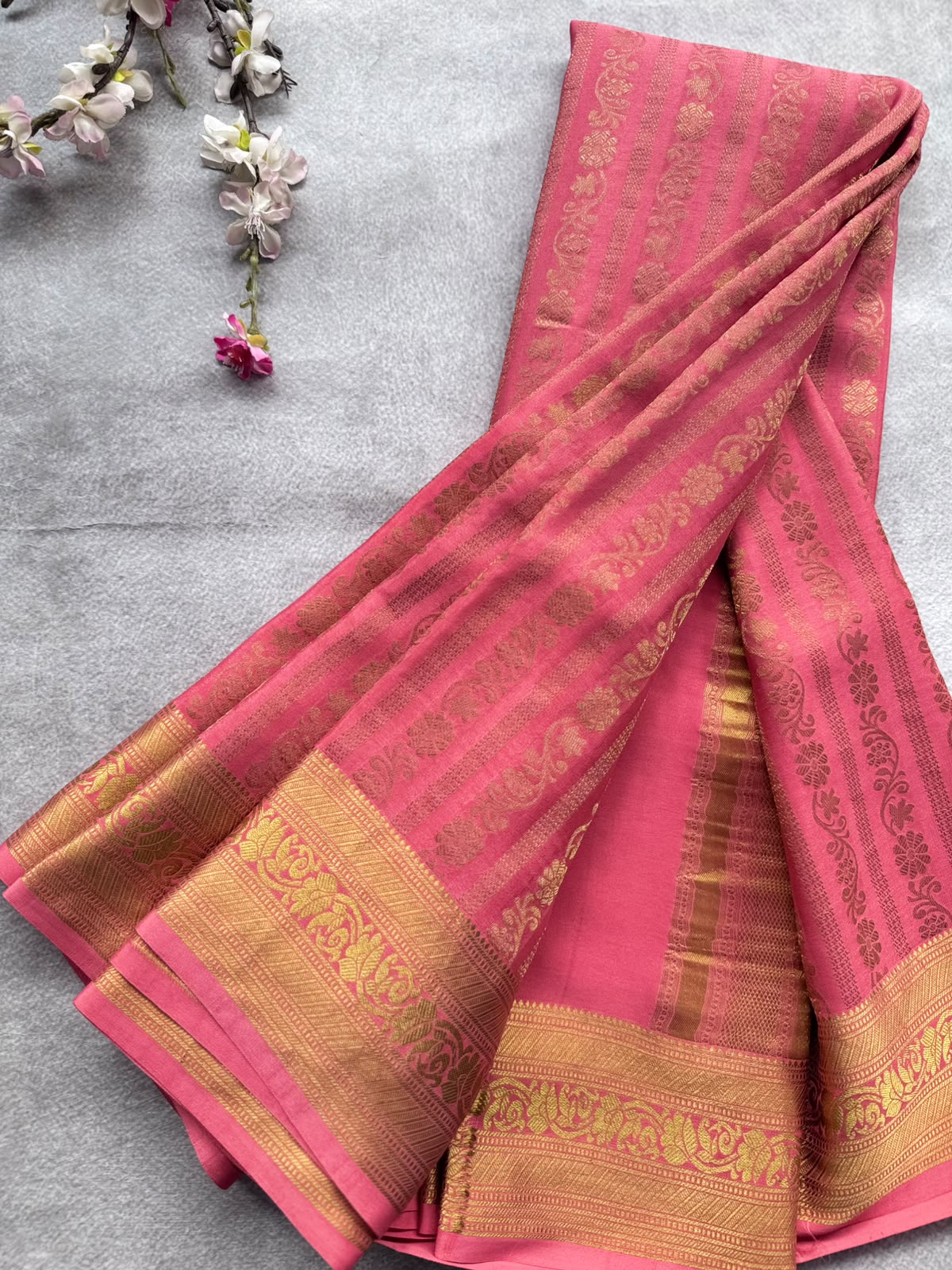 Coral Pink Brocade Pure Mysore Crepe Silk Saree 109