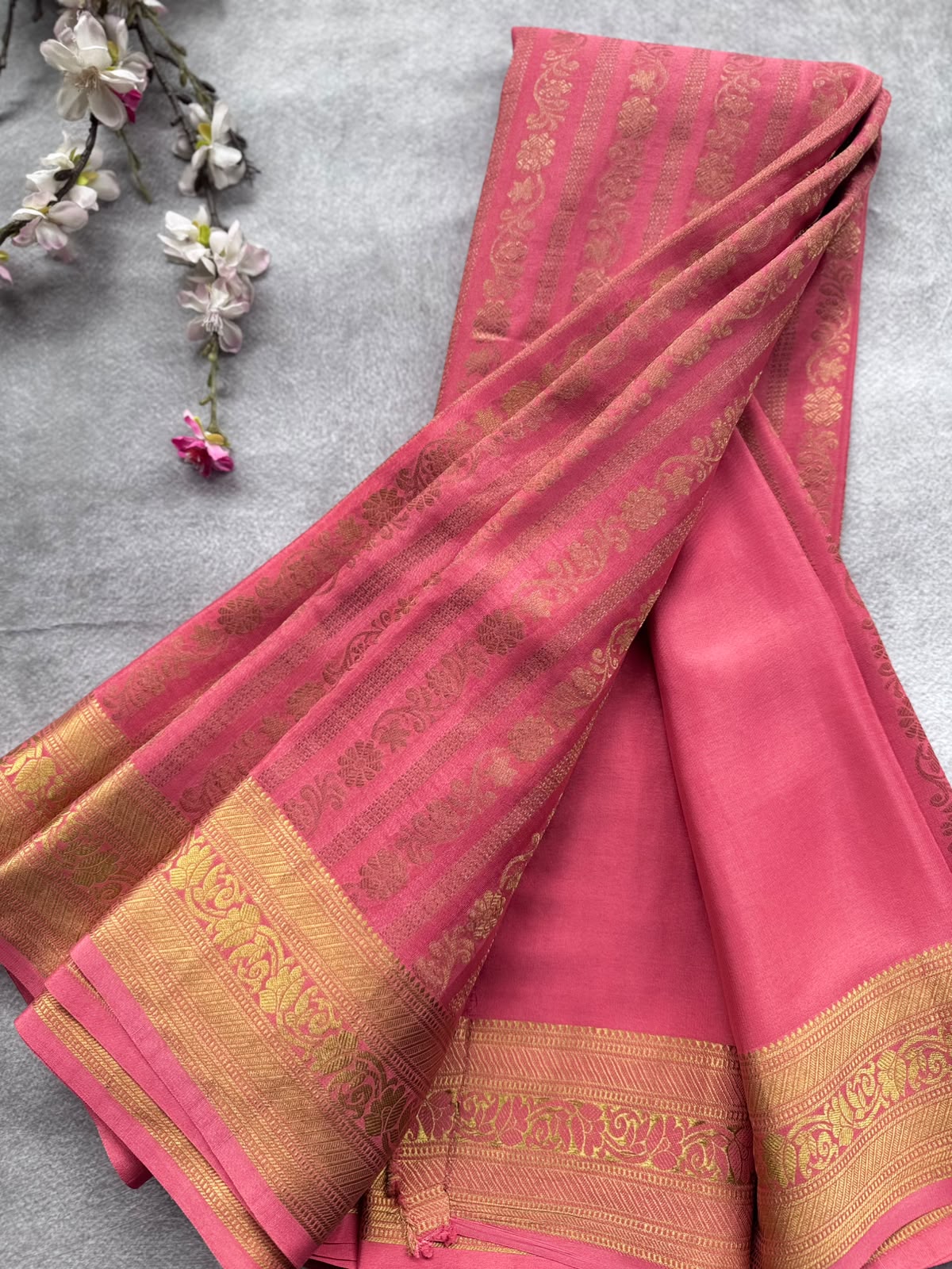 Coral Pink Brocade Pure Mysore Crepe Silk Saree 109