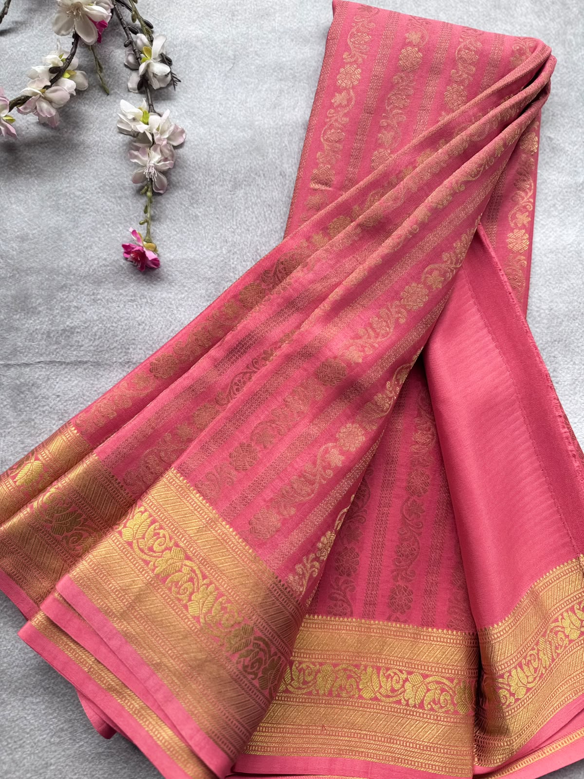 Coral Pink Brocade Pure Mysore Crepe Silk Saree 109