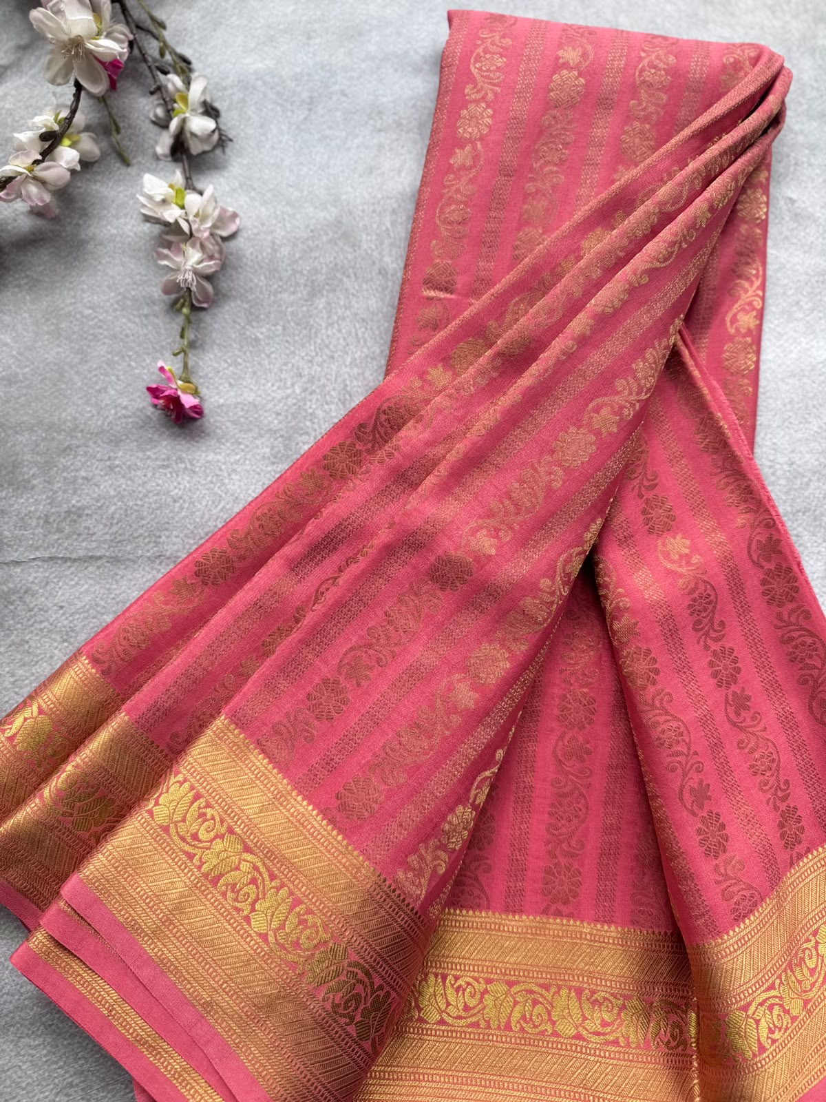 Coral Pink Brocade Pure Mysore Crepe Silk Saree 109