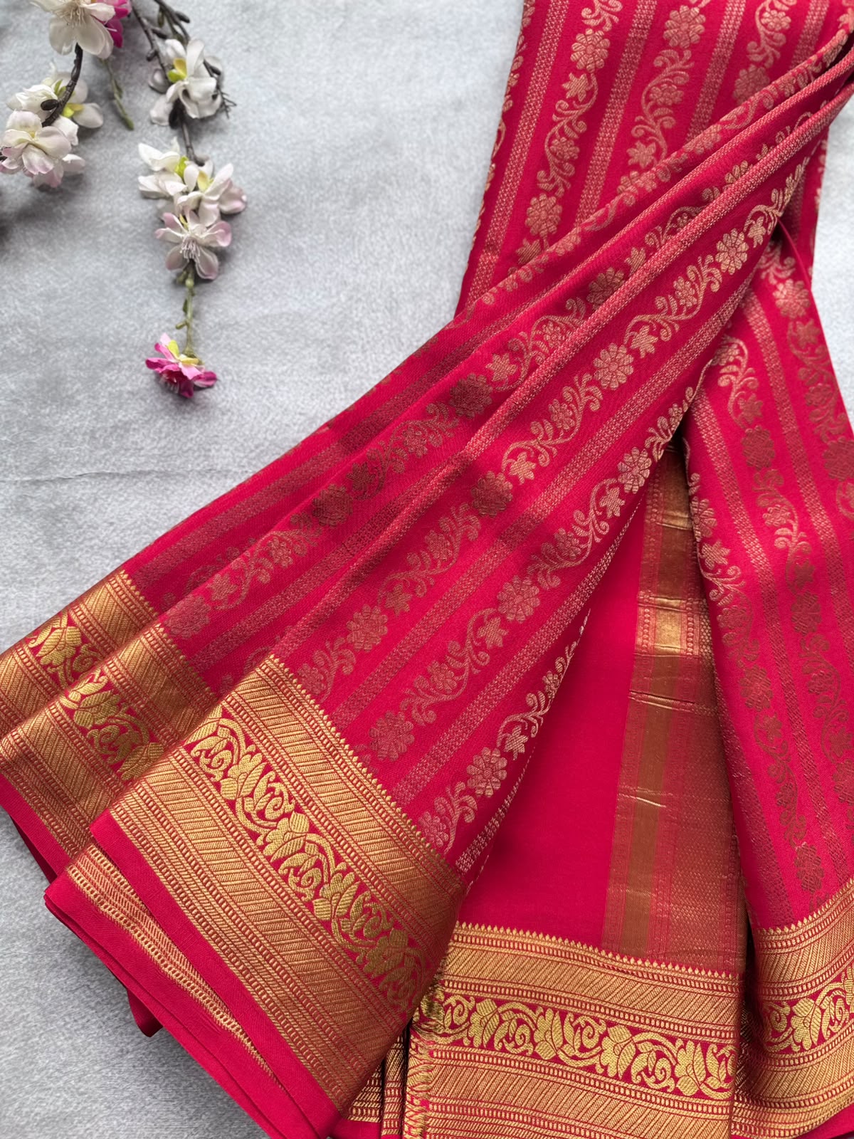 Red Brocade Pure Mysore Crepe Silk Saree 109