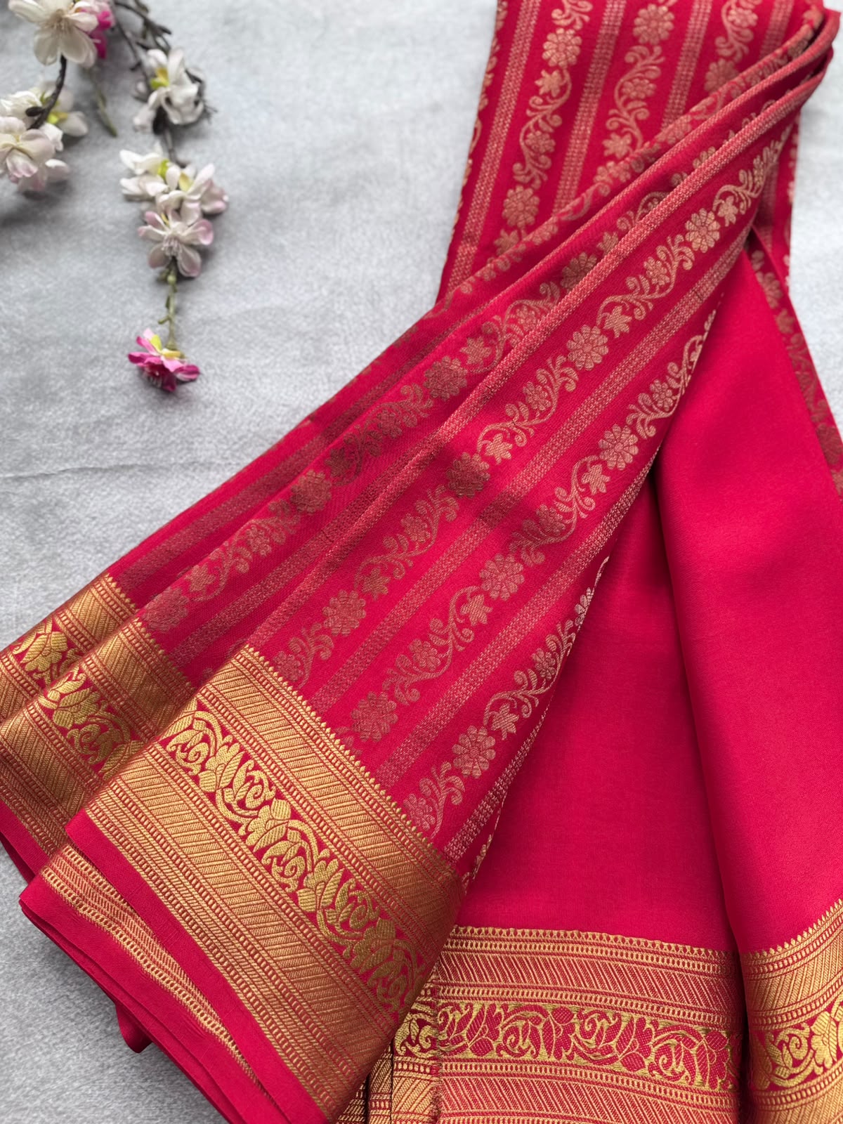 Red Brocade Pure Mysore Crepe Silk Saree 109