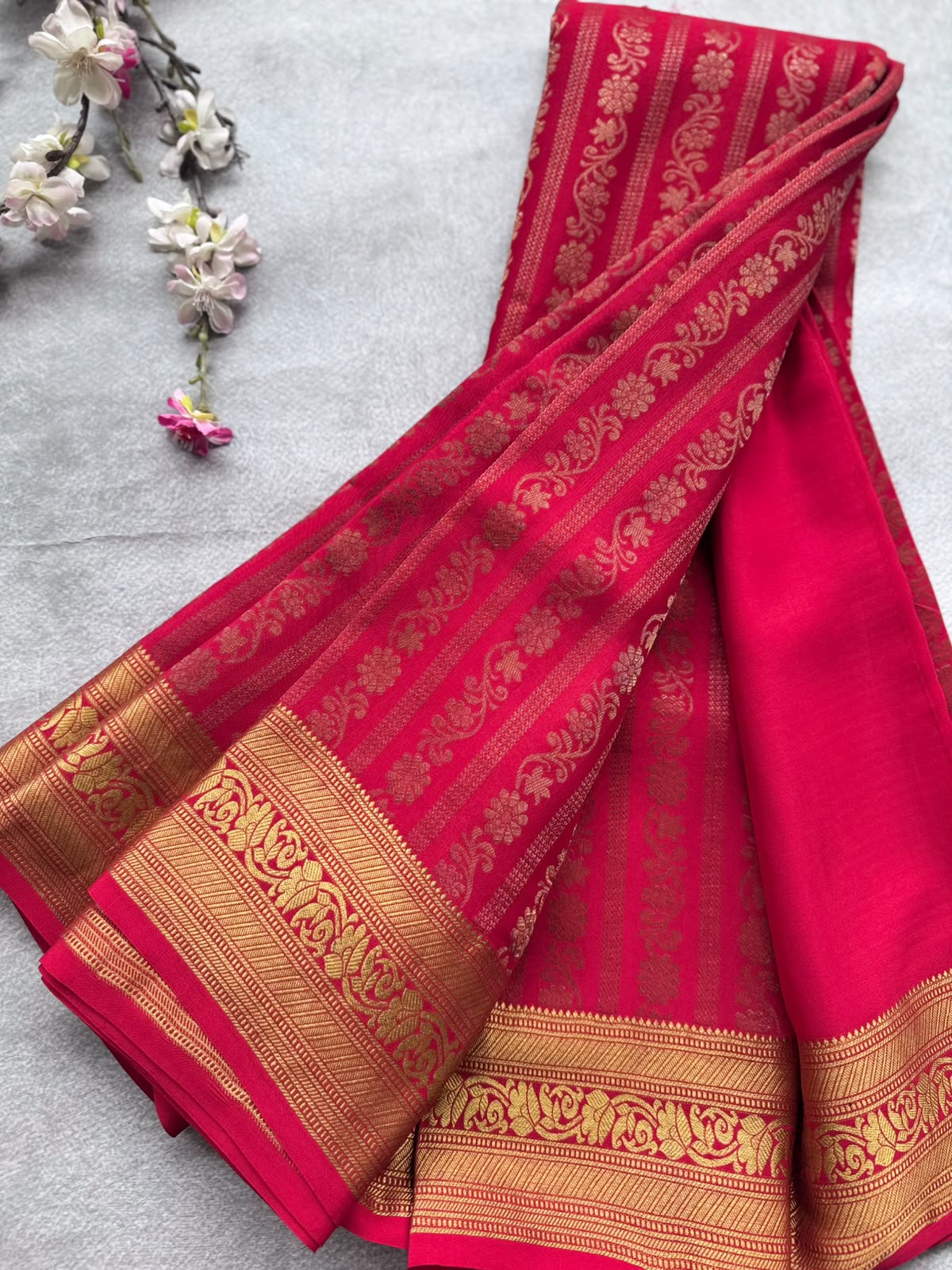 Red Brocade Pure Mysore Crepe Silk Saree 109