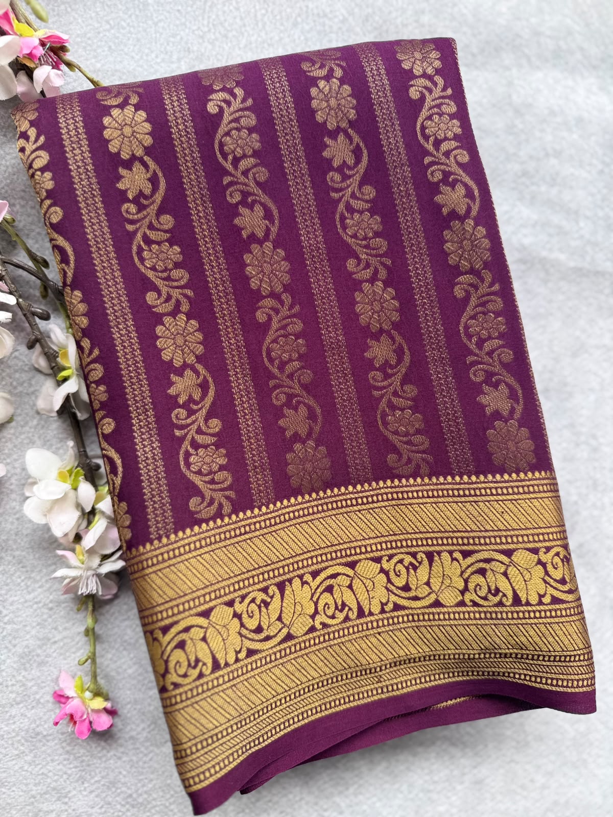 Wine Brocade Pure Mysore Crepe Silk Saree 109